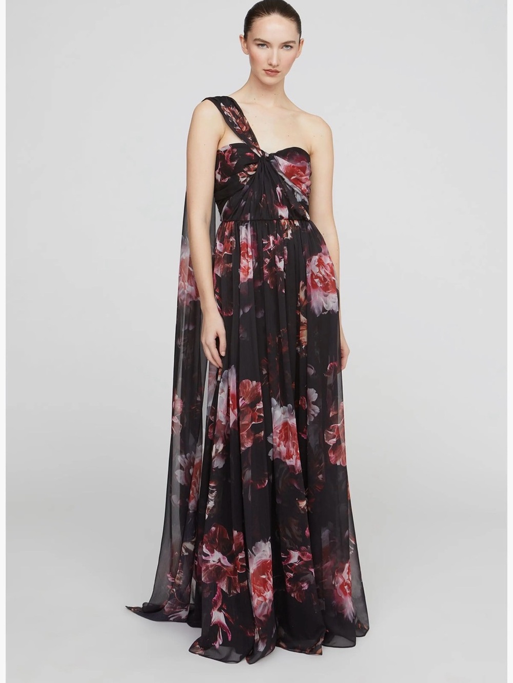 Halston Lina Chiffon Floral Black & Deep Red Evening Gown